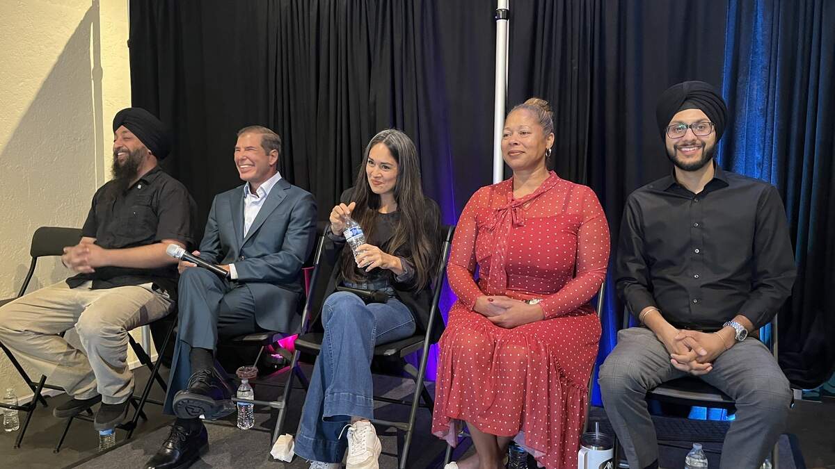 Fresno City Council candidates, from left to right, Naindeep Singh, Joaquin Arambula, Ariana Martinez Lott, Keshia Thomas and Nav Gurm, met at a forum on Sept. 22, 2026, hosted by Dulce Upfront in Fresno.